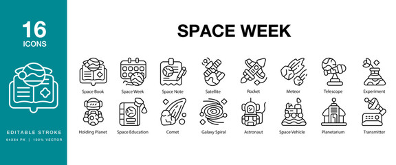 Space Week icon set. Includes week, holiday, event, copy space, month and More. Editable Stroke Icon Collection.
