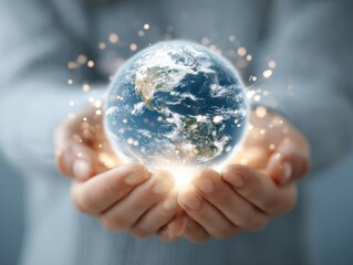 Caring Hands and Earth: Two hands gently cradle a luminous globe, bathed in radiant light. This image speaks of care, protection, and a deep connection to our planet.