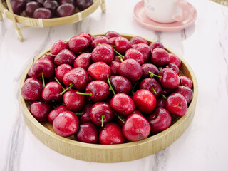 Fresh Red Cherries in Wooden Bowl - Healthy Summer Fruit from Yantai