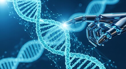 Robotic hand touching glowing D N A helix technology