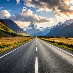 Naklejka premium Scenic highway leads to majestic snow-capped peaks under a dramatic sky