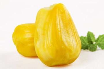 Fresh Yellow Vietnamese Jackfruit Segments with Mint Leaves on White Background