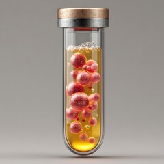 Clear Test Tube with Red Cell Structures and Amber Liquid on Light Gray Background