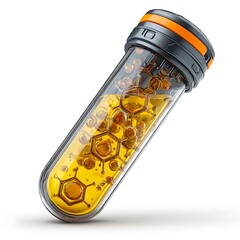 Test Tube Filled with Golden Liquid and Molecules in a White Background