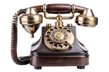Vintage rotary dial telephone with wooden and brass accents cutout png isolated on a transparent background