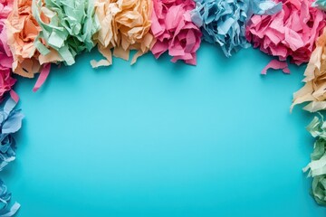 Colorful paper decorations frame a bright blue background for creative displays or events