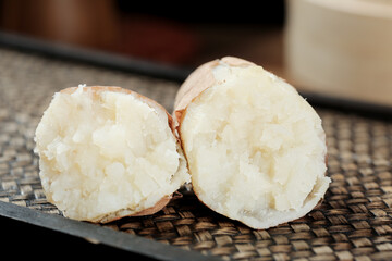 Selected White Sweet Potato Heart from Shandong China Cut in Half Showing Fresh Interior