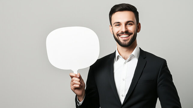 Businessman smiling and holding a blank speech bubble against a light gray background. - Powered by Adobe