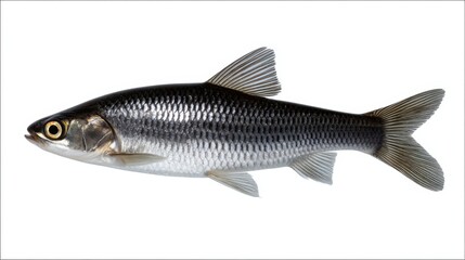 Fototapeta premium Elegant Black Fish Gliding Gracefully Against a Pure White Background Showcasing the Beauty and Contrast of Marine Life in a Minimalist Setting
