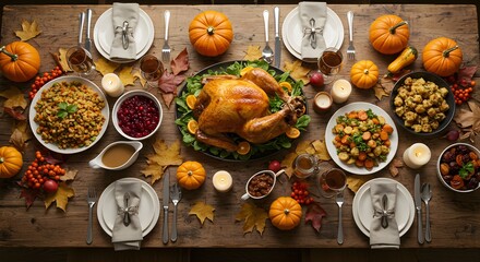 Thanksgiving dinner table, centered by a golden roasted turkey