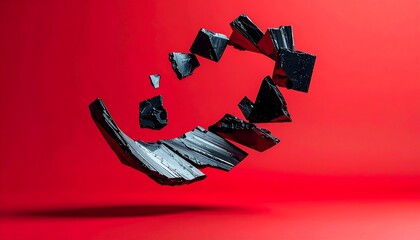 Abstract geometric shapes in motion against a vibrant red background, creating a dynamic and modern visual
