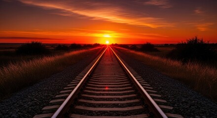 Railroad tracks stretch to the horizon, meeting a vibrant sunset with orange, red, and yellow hues.