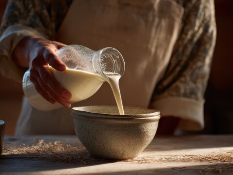 Milk Pouring: The gentle flow of milk cascades from a glass pitcher into a rustic bowl, embodying purity and freshness. A person is performing the act of pouring milk.  - Powered by Adobe