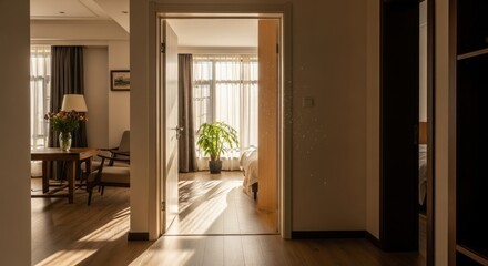 Interior view through doorway into sunlit rooms, showcasing furniture, plants, and natural light.