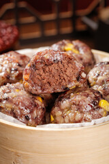 Traditional Chinese Glutinous Rice Buns with Red Bean Filling in Bamboo Steamer - Shandong Sticky Rice Snacks