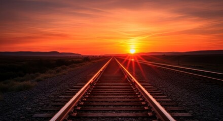 Railroad tracks stretch towards a vibrant sunset, illuminating the horizon with fiery colors.