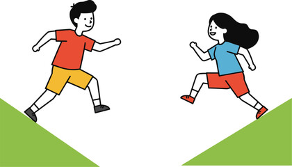 Young boy and girl running on a green hill, active kids enjoying outdoor sport, playful friends having a race on grass.
