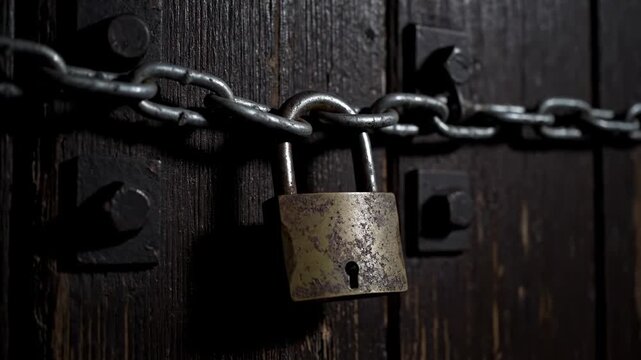 Locked Wooden Door with Chain and Padlock - Close-up view of a rustic wooden door secured with a heavy chain and a weathered padlock.