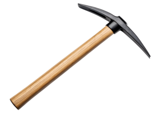 A classic heavy duty pickaxe with a wooden handle and metal head for mining and excavation isolated on transparent background