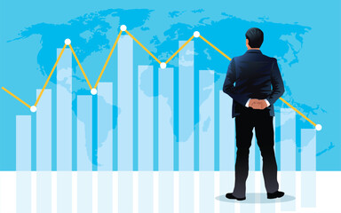 Businessman standing and looking at falling diagram. Economic and financial crisis in the world. Concept business illustration. Vector