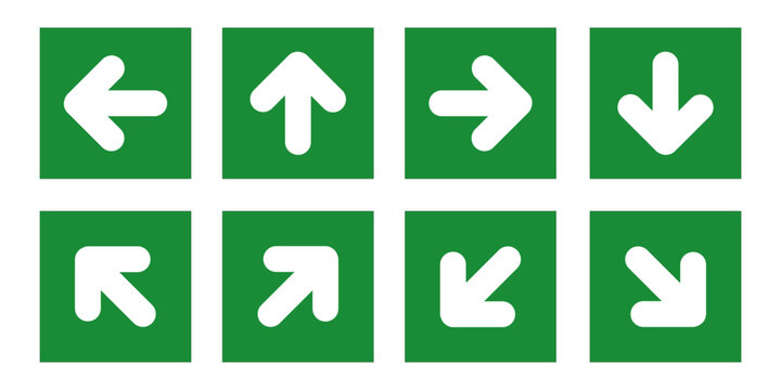 Set of eight white directional arrows on green square backgrounds, simple and clean icon design for navigation, UI UX, wayfinding systems, and digital interfaces