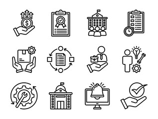 Collection of Business Continuity icons, related to advantage, standard, planning, product management, procedure and more. Outline icons vector illustation.