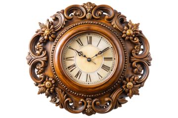 Ornate wooden wall clock with Roman numerals and floral carvings cutout png isolated on a transparent background