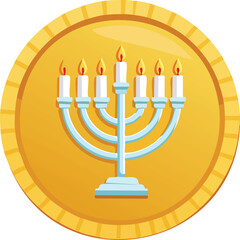Obraz premium A golden coin featuring a menorah with seven lit candles, symbolizing Hanukkah.