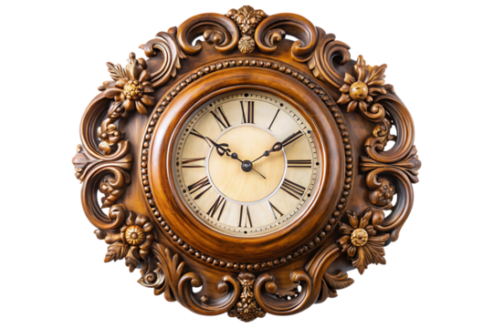 Ornate wooden wall clock with Roman numerals and floral carvings cutout png isolated on a transparent background - Powered by Adobe