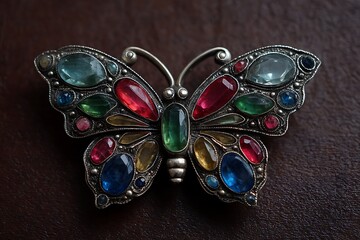 Antique silver brooch shaped like a butterfly with colorful gemstone wings