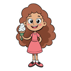 Cartoon Smiling Girl with Long Curly Hair, Joyful and Playful Female Character Illustration