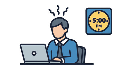 Illustration of a stressed employee working overtime at 5 pm with a laptop
