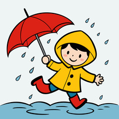 Cartoon Young Child in Yellow Raincoat, Playful and Happy Kid Character, Fun Outdoor Illustration