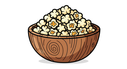 Cartoon illustration of a wooden bowl overflowing with delicious buttery popcorn snack