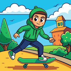 Cartoon Young Man in Green Hoodie, Casual Style, Playful and Fun Character Illustration