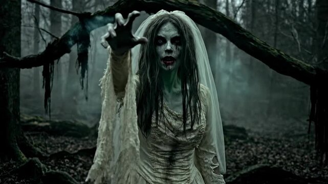Zombie bride in tattered gown veil hand outstretched stands in a foggy forest