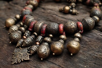 Antique tribal necklace with bronze beads, engraved pendants, and rustic charm