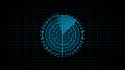 Futuristic blue radar screen interface with rotating sweep and target pings on a dark grid background digital technology concept - Powered by Adobe