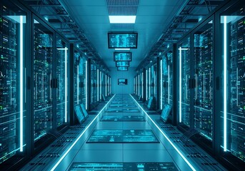 Futuristic server room with glowing neon lights displaying advanced data processing and network infrastructure