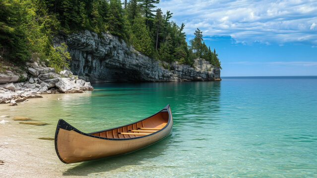 Canoe sits by turquoise lake, limestone cliff, pine trees, clear water, scenic peaceful day, nature travel destination, outdoor summer.