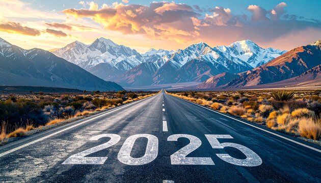 Scenic highway stretching towards snow-capped mountains at sunset, marked 2025