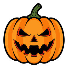 Fototapeta premium Cartoon illustration of a classic orange jack-o'-lantern with a scary face, featuring triangular eyes and a jagged mouth, perfect for Halloween.