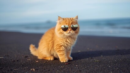 Cute cat sitting on a black sand beach wearing heart-shaped sunglasses, summer vacation vibes, funny and adorable pet photo, perfect for travel, lifestyle, and animal themes