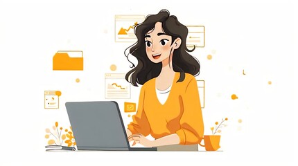 Cartoon illustration of a productive young woman confidently navigating her digital workspace, analyzing data, and collaborating online with various creative media elements - Powered by Adobe