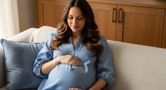 A Beautiful Pregnant Woman Embracing Her Baby Bump in a Cozy Living Room Setting - Powered by Adobe
