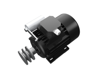 Black AC Induction Motor with Grey Pulley System for Heavy Industry and Manufacturing - High Definition 3D Rendered Electrical Equipment Isolated on a PNG Transparent Background for Technical Projects
