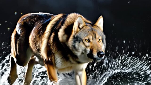 Athletic wolf charges through a shallow lake toward the lens, icy spray exploding around nimble paws; action-packed wildlife footage for sports metaphors, performance brands and adventure storytelling