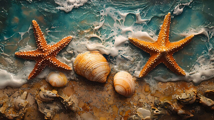 Ocean's Embrace Starfish and Seashells Resting on a Textured Beach Shoreline with Gentle Waves, Capturing the Serenity of Coastal Life and Marine Beauty