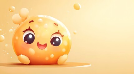 Fototapeta premium A cheerful, cartoonish yellow character with big eyes and a smile, surrounded by bubbles on a soft yellow background.