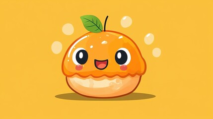 Naklejka premium A cute, cartoonish orange character with a smiling face, sitting on a bright yellow background, featuring bubbles and a green leaf.